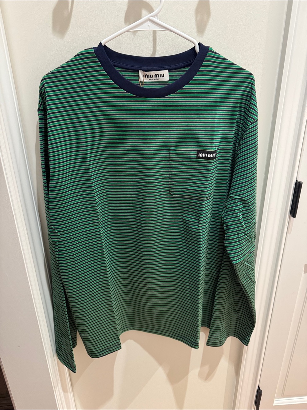 Miu Miu style Green and Navy Striped Long-Sleeve Pocket Tee
